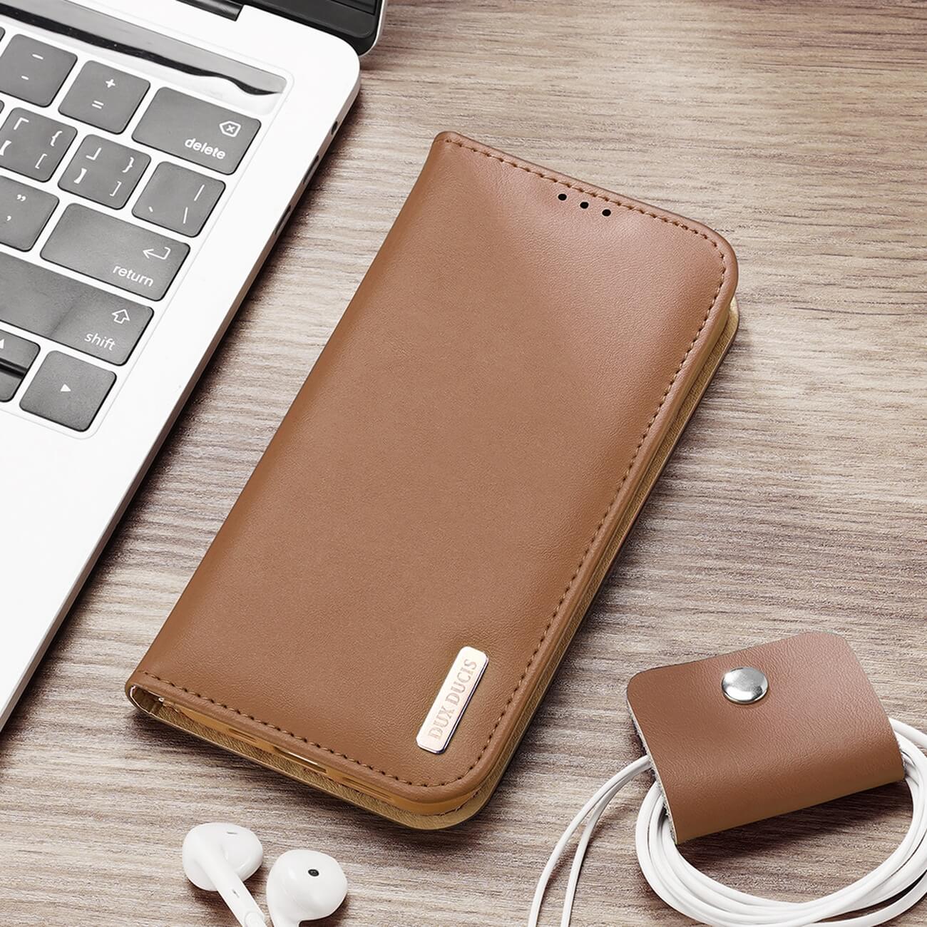Dux Ducis iPhone 14 Plus Hivo Θήκη Πορτοφόλι Stand από Γνήσιο Δέρμα - Brown
