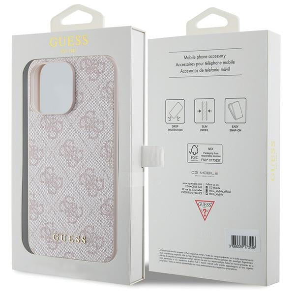 Guess iPhone 15 Pro Max - 4G Metal Gold Logo Σκληρή Θήκη με Επένδυση Συνθετικού Δέρματος - Pink - GUHCP15XG4GFPI