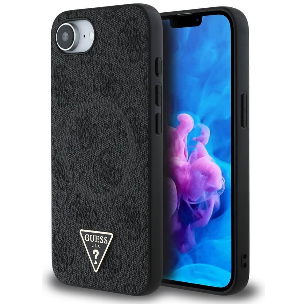 Guess iPhone 16e - 4G Ring Triangle Logo - MagSafe Θήκη με Επένδυση Συνθετικού Δέρματος - Black - GUHMPSE4P4TDPK