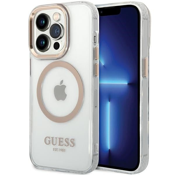Guess iPhone 15 / 14 / 13 Metal Outline MagSafe Σκληρή Θήκη με Πλαίσιο Σιλικόνης και MagSafe - Gold - GUHMP15SHTRMD