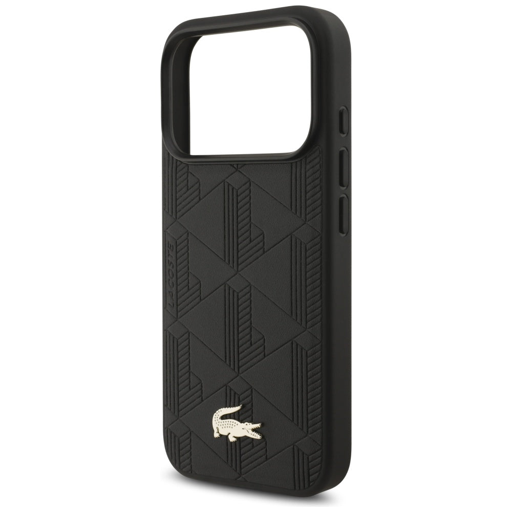 Lacoste iPhone 17 Pro - Nomograme Gold Logo MagSafe - Σκληρή Θήκη με Πλαίσιο Σιλικόνης και Επένδυση Οικολογικού Δέρματος - Black