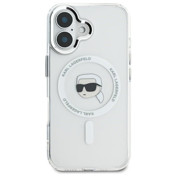 Karl Lagerfeld iPhone 16 - IML Metal Karl Head - MagSafe Σκληρή Θήκη με Πλαίσιο Σιλικόνης - White - KLHMP16SHLSKIH
