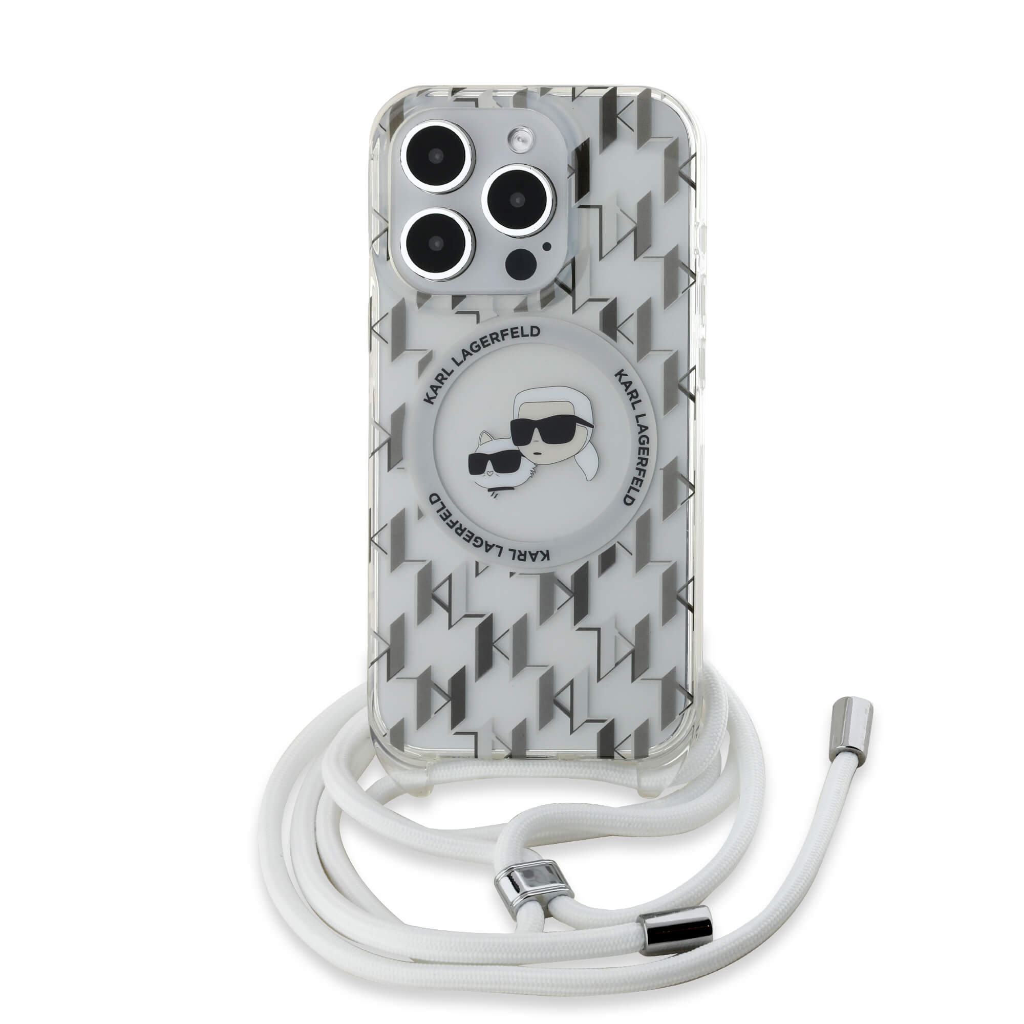Karl Lagerfeld iPhone 15 Pro Max - IML Crossbody Monogram Karl and Choupette Head - MagSafe Σκληρή Θήκη με Πλαίσιο Σιλικόνης και Λουράκι - Διάφανη - KLHMP15XHCKCKLCT