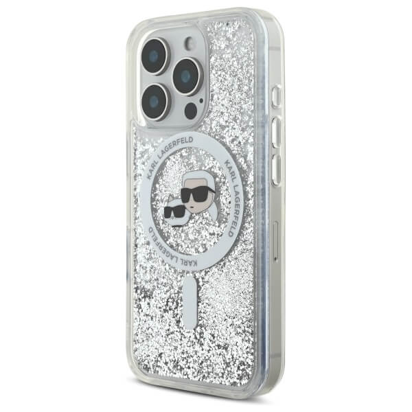 Karl Lagerfeld iPhone 16 Pro - Liquid Glitter Karl and Choupette Head MagSafe - Σκληρή Θήκη με Πλαίσιο Σιλικόνης - Διάφανη - KLHMP16LLGKCSGH