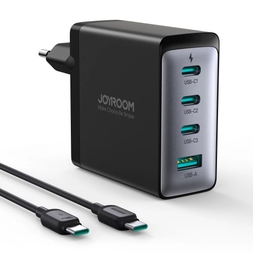 JOYROOM JR - TCG04EU GAN 100W Οικιακός Φορτιστής Γρήγορης Φόρτισης με 3 Θύρες Type - C και 1 Θύρα USB και Καλώδιο Type - C to Type - C - Black