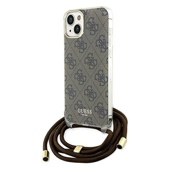 Guess iPhone 15 Crossbody Cord 4G Print Σκληρή Θήκη με Πλαίσιο Σιλικόνης και Λουράκι - Brown - GUHCP15SHC4SEW