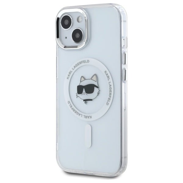 Karl Lagerfeld iPhone 15 - IML Metal Choupette Head - MagSafe Σκληρή Θήκη με Πλαίσιο Σιλικόνης - White - KLHMP15SHLSCHH