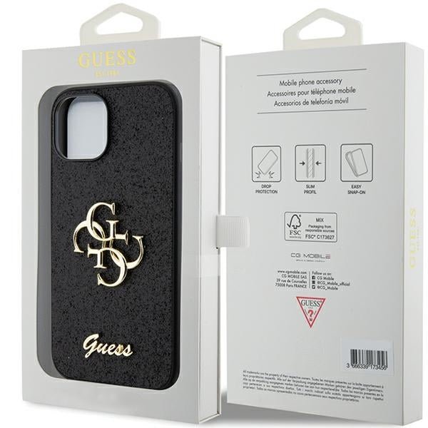 Guess iPhone 15 Plus Glitter Script Big 4G Σκληρή Θήκη με Πλαίσιο Σιλικόνης - Black - GUHCP15MHG4SGK