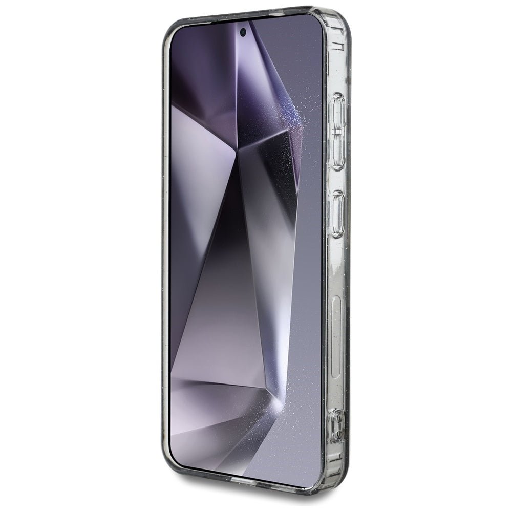 Guess Samsung Galaxy S25 - Glitter Flowers Triangle Buttons MagSafe - Σκληρή Θήκη με Πλαίσιο Σιλικόνης - Black - GUHMS25SHFLPEDK