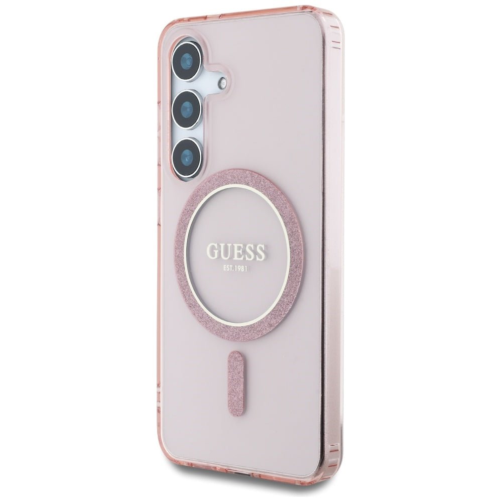 Guess Samsung Galaxy S25 - Glitter Circle Classic Logo - MagSafe Σκληρή Θήκη με Πλαίσιο Σιλικόνης - Pink - GUHMS25SHFGEREP