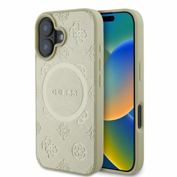 Guess iPhone 16 - Saffiano Peony Classic Logo - MagSafe Σκληρή Θήκη με Πλαίσιο Σιλικόνης και Συνθετικό Δέρμα - Gold - GUHMP16SPSAPSMED