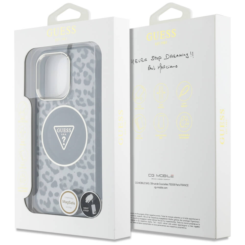 Guess iPhone 16 Pro Max - HC IML Leopard Triangle Cord Strap MagSafe - Σκληρή Θήκη με Πλαίσιο Σιλικόνης και Λουράκι - Black - GUHMP16XHLORSSK