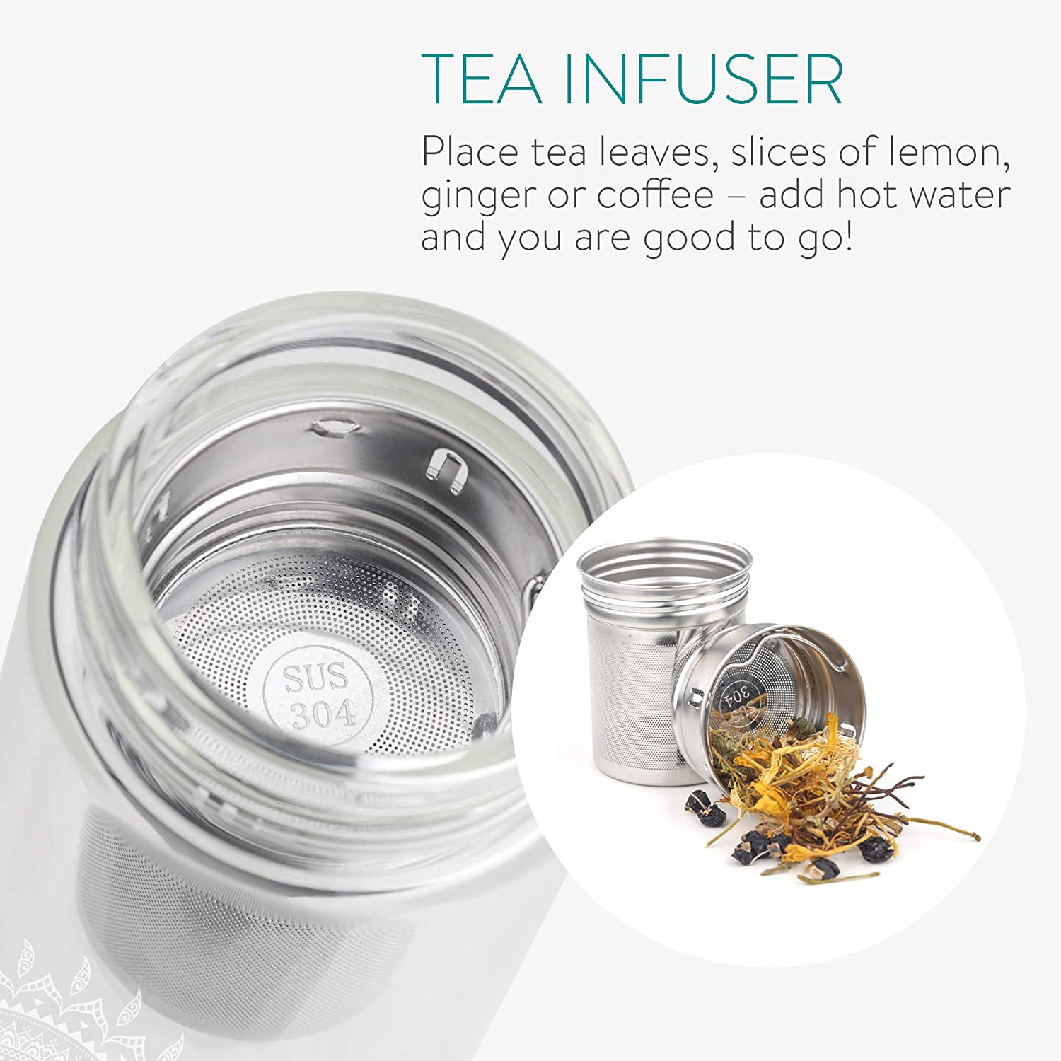 Navaris Γυάλινο Μπουκάλι Τσαγιού με Θήκη μεταφοράς - 500ml - Design Indian Sun - Clear - 52420.2.02