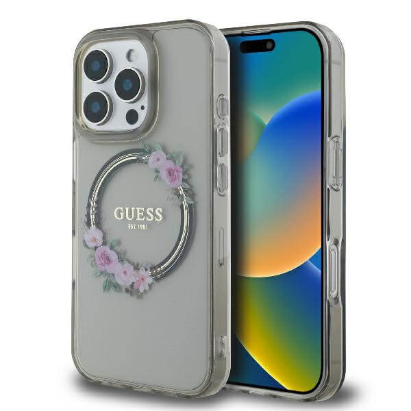 Guess iPhone 16 Pro Max - IML Flowers Wreath MagSafe - Σκληρή Θήκη με Πλαίσιο Σιλικόνης - Black - GUHMP16LHFWFCK