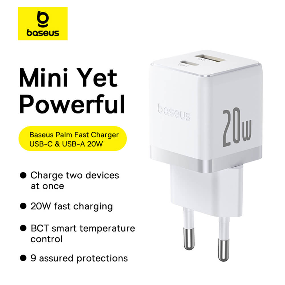 Baseus Palm Οικιακός Φορτιστής Γρήγορης Φόρτισης 20W με 1 Θύρα Type - C και 1 Θύρα USB και Καλώδιο Type - C to Type - C - Moon White