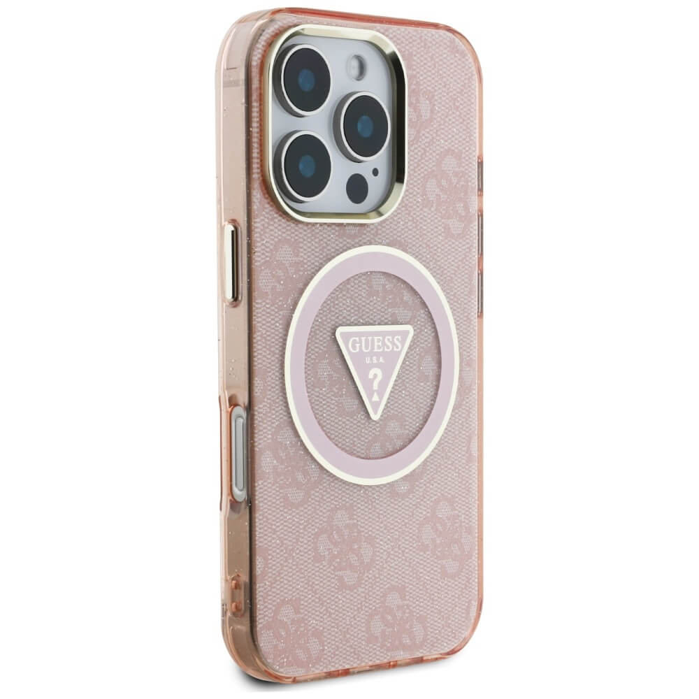 Guess iPhone 16 Pro - IML Metal Glitter 4G Circle Triangle MagSafe - Σκληρή Θήκη με Πλαίσιο Σιλικόνης και MagSafe - Pink - GUHMP16LHG4PRTGP