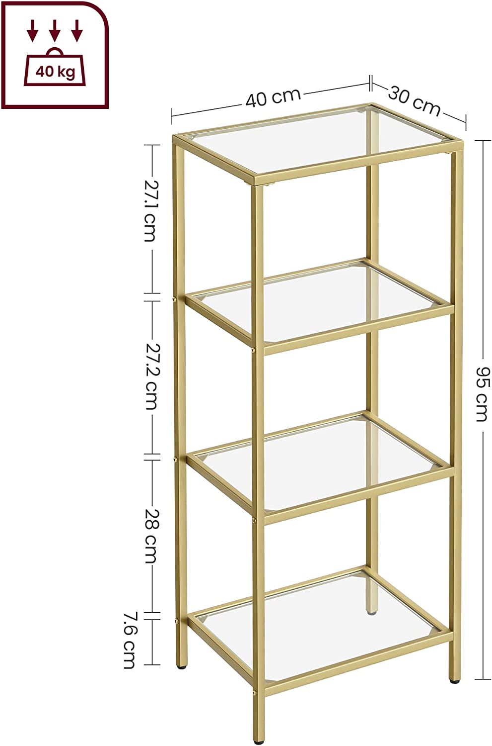 Vasagle Ραφιέρα από Γυαλί με 4 Ράφια - 40 x 30 x 95 cm - ‎Gold - LGT28G
