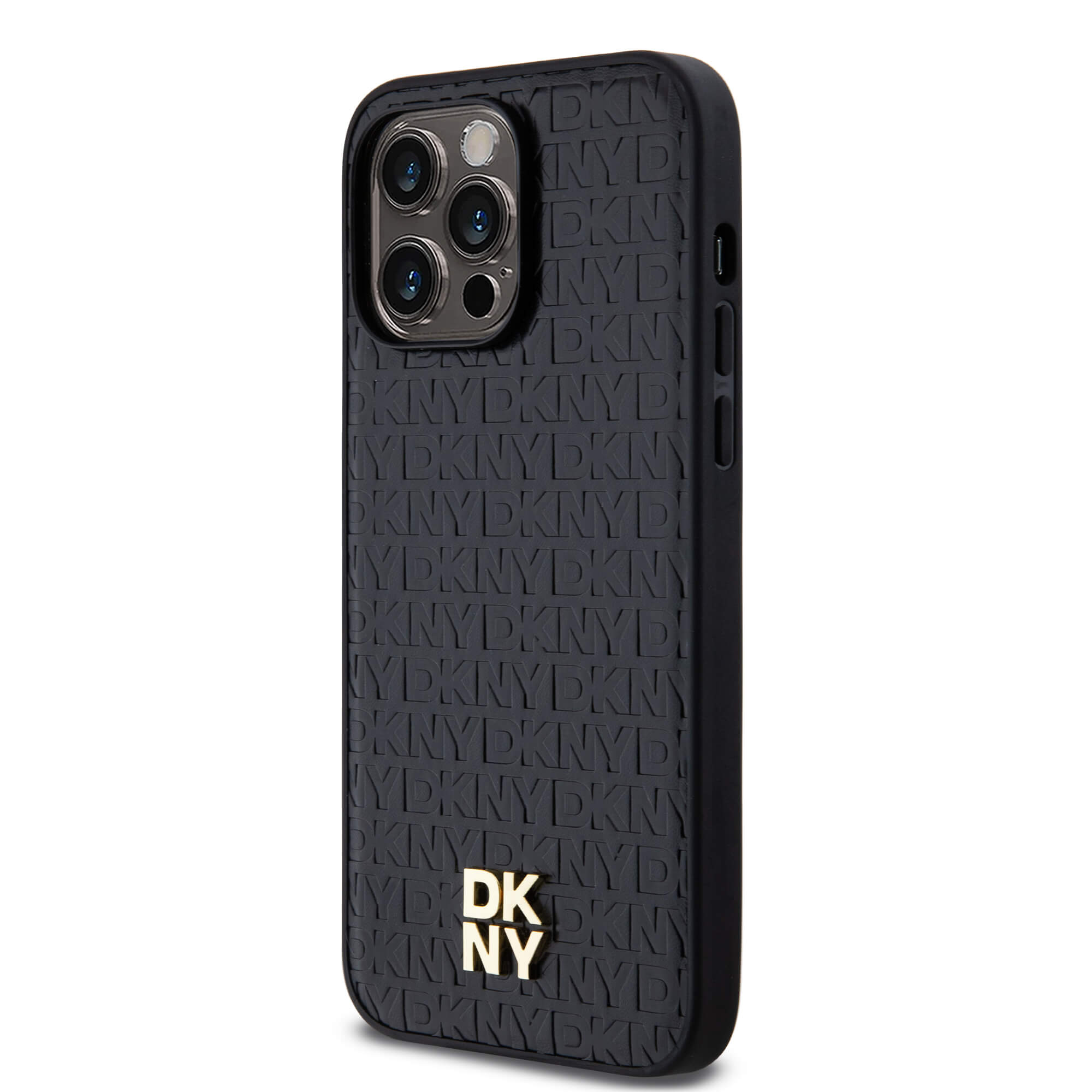 DKNY iPhone 15 Pro Max - Leather Monogram Pattern Metal Logo MagSafe Σκληρή Θήκη με Επένδυση Συνθετικού Δέρματος - Black