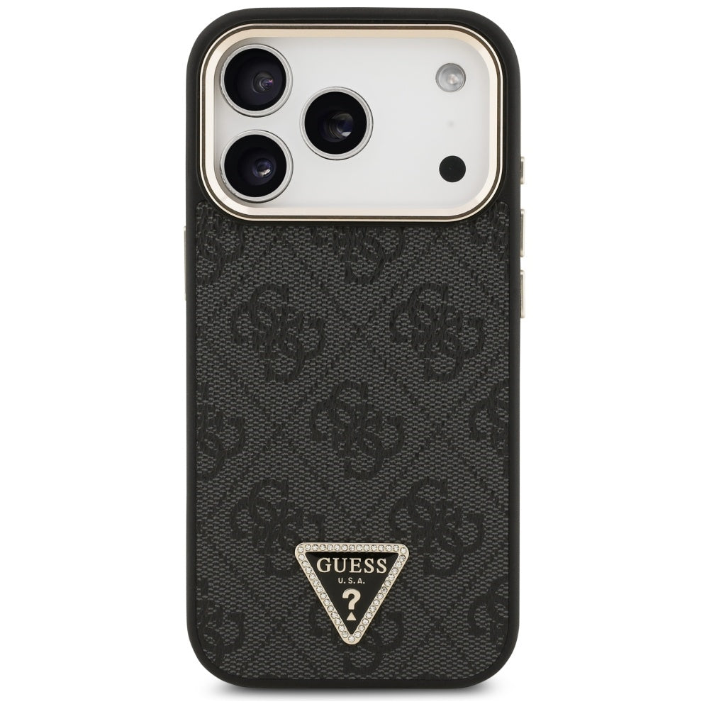 Guess iPhone 17 Pro - 4G Triangle Strass Logo MagSafe - Σκληρή Θήκη με Επένδυση Συνθετικού Δέρματος - Black / Gold - GUHMP17LP4GTDGMK