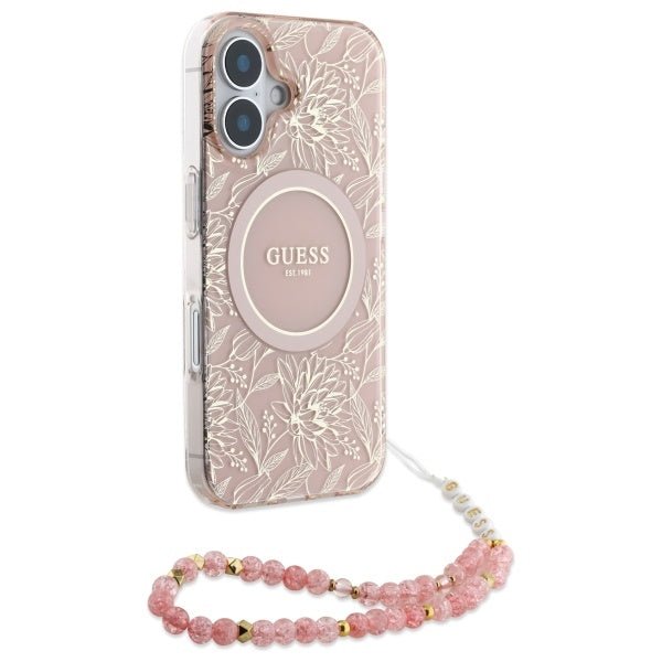 Guess iPhone 16 - IML Flowers Allover Electro With Pearl Strap MagSafe - Σκληρή Θήκη με Πλαίσιο Σιλικόνης και Λουράκι - White / Pink - GUHMP16SHCPOFPP