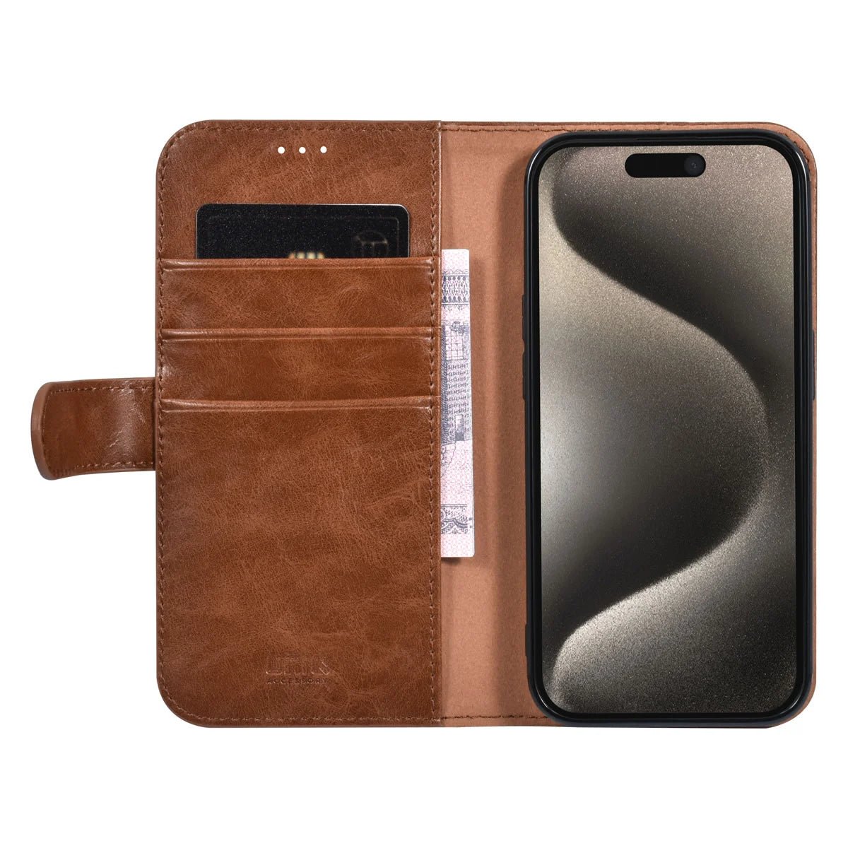 Tuniq iPhone 15 Pro - Θήκη Πορτοφόλι από Δερματίνη με Stand - Καφέ