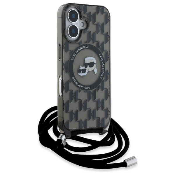 Karl Lagerfeld iPhone 16 - IML Crossbody Monogram Karl and Choupette Head - MagSafe Σκληρή Θήκη με Πλαίσιο Σιλικόνης και Λουράκι - Black - KLHMP16SHCKCKLCK
