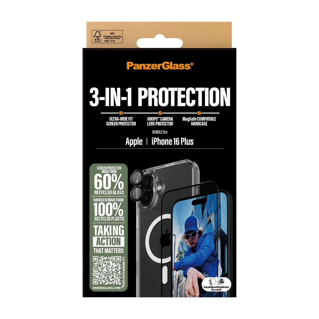 PanzerGlass iPhone 16 Plus - Σετ με 1 Αντιχαρακτικό Γυαλί Οθόνης Ultra - Wide Fit, 1 Αντιχαρακτικό Γυαλί για την Κάμερα και 1 Σκληρή Θήκη με MagSafe - Διάφανο