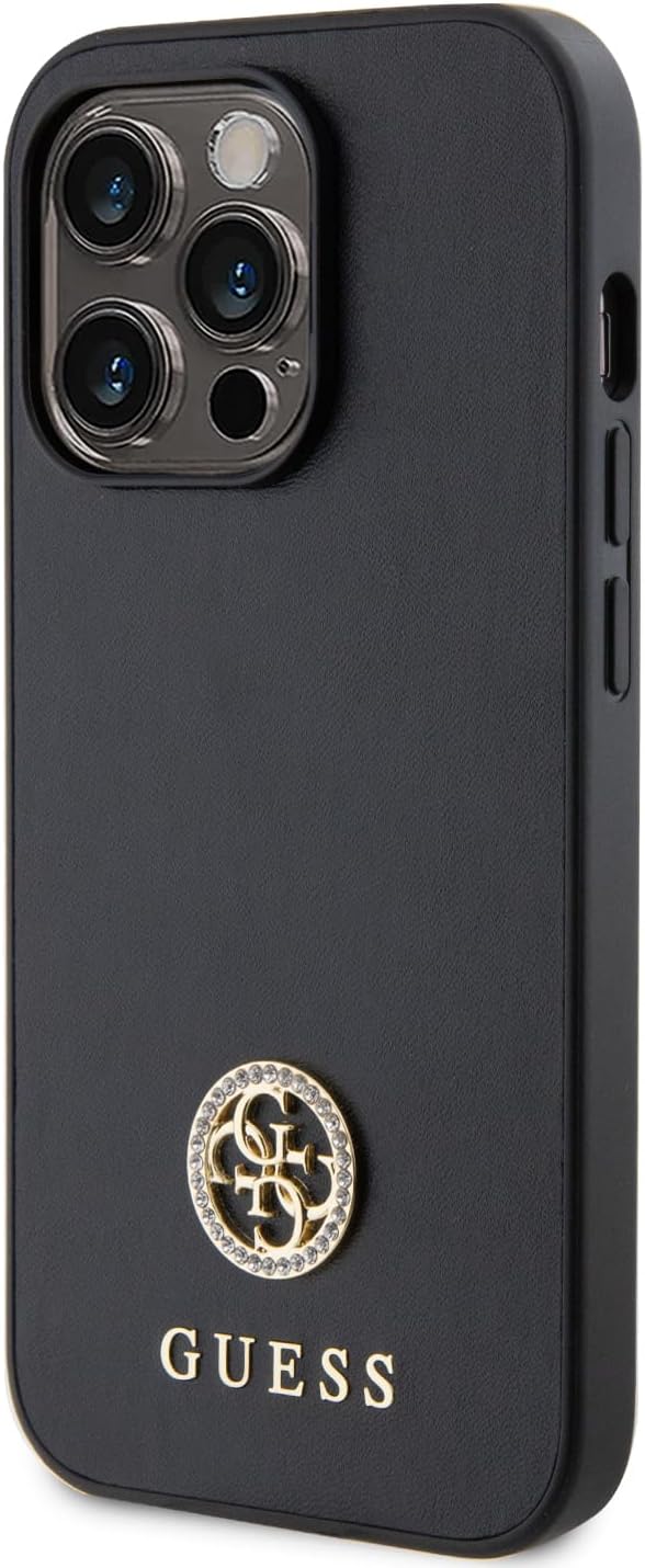 Guess iPhone 15 Pro Max 4G Strass Metal Logo Θήκη με Επένδυση Συνθετικού Δέρματος - Black - GUHCP15XPS4DGPK