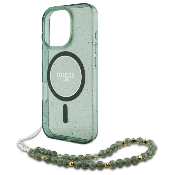 Guess iPhone 16 Pro Max - IML Glitter With Pearl Strap - MagSafe Σκληρή Θήκη με Πλαίσιο Σιλικόνης και Λουράκι - Green - GUHMP16XHGCRELSA