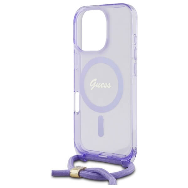 Guess iPhone 16 Pro Max - Crossbody Cord Script MagSafe - Σκληρή Θήκη με Πλαίσιο Σιλικόνης και Λουράκι - Purple - GUHMP16XHCTSGNSU