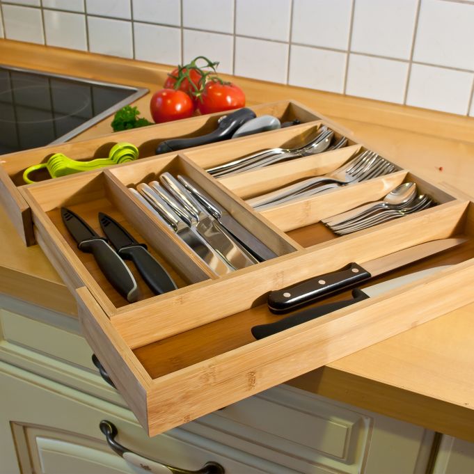 Relaxdays Ρυθμιζόμενη Ξύλινη Θήκη Συρταριού για Μαχαιροπίρουνα - Natural - 4052025167424