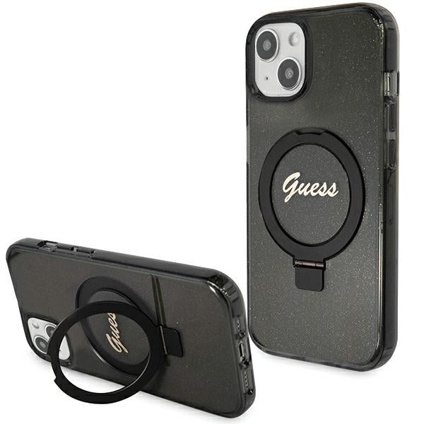 Guess iPhone 15 Ring Stand Script Glitter Magsafe Σκληρή Θήκη με Πλαίσιο Σιλικόνης και MagSafe / Stand - Black - GUHMP15SHRSGSK