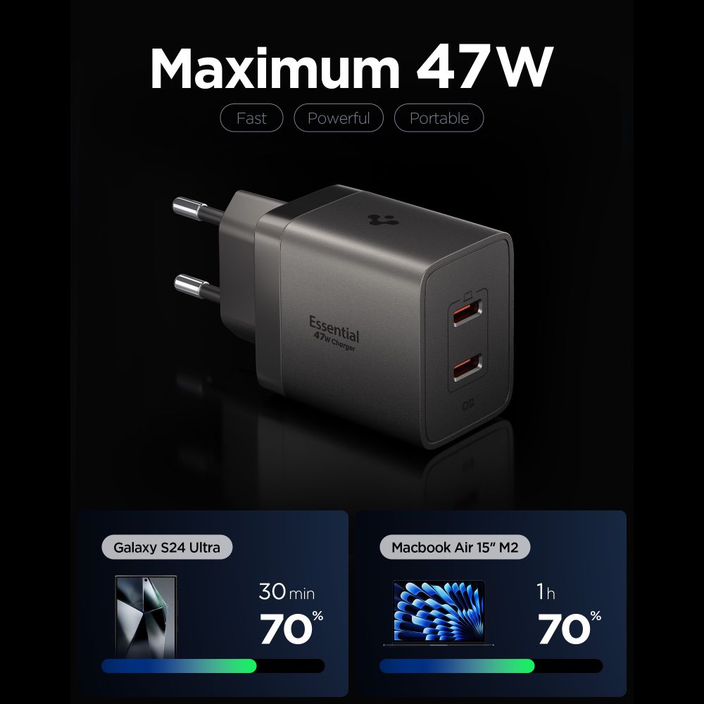 Spigen Οικιακός Φορτιστής Γρήγορης Φόρτισης 47W με 2 Θύρες Type-C - Essential EE472EU-GAN - Gunmetal