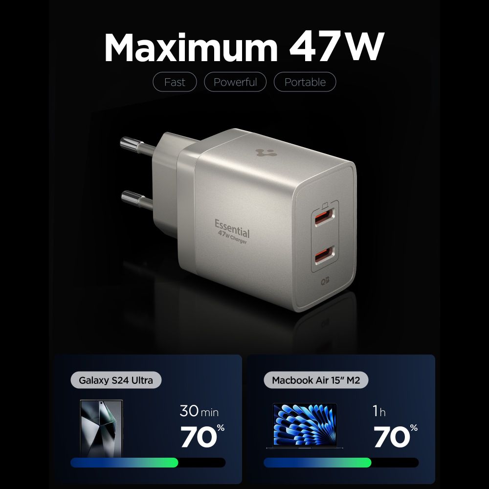 Spigen Οικιακός Φορτιστής Γρήγορης Φόρτισης 47W με 2 Θύρες Type-C - Essential EE472EU-GAN - Natural Titanium