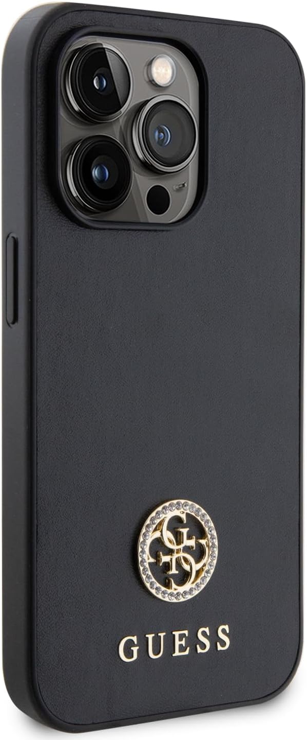Guess iPhone 15 Pro 4G Strass Metal Logo Θήκη με Επένδυση Συνθετικού Δέρματος - Black - GUHCP15LPS4DGPK