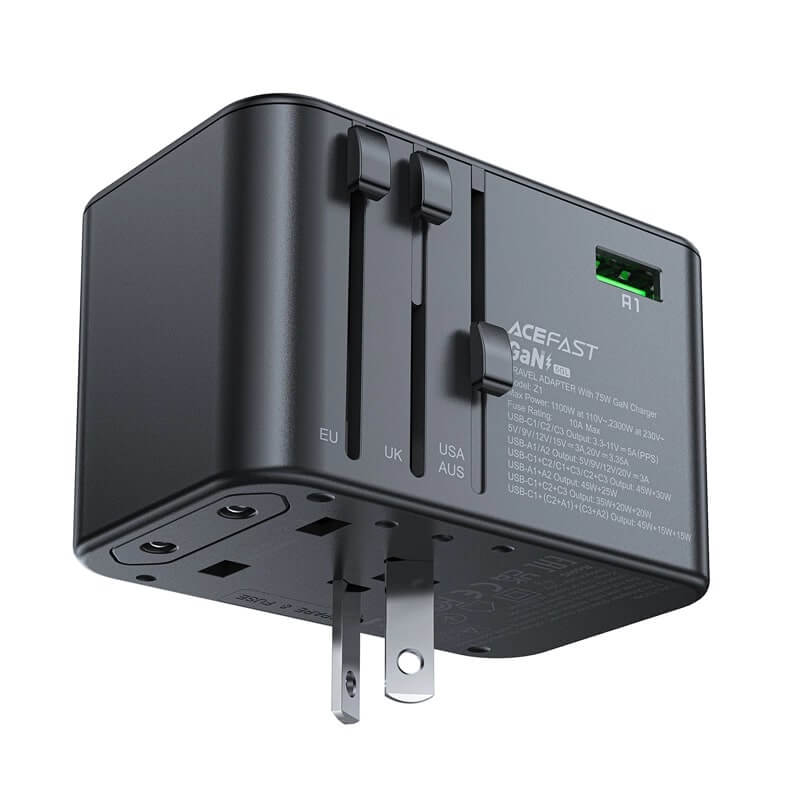 Acefast Z1 GaN 75W PD Φορτιστής Ταξιδίου με Ενσωματωμένα Βύσματα EU / UK / US / AUS με 3 Θύρες Type - C και 2 Θύρες USB - Black