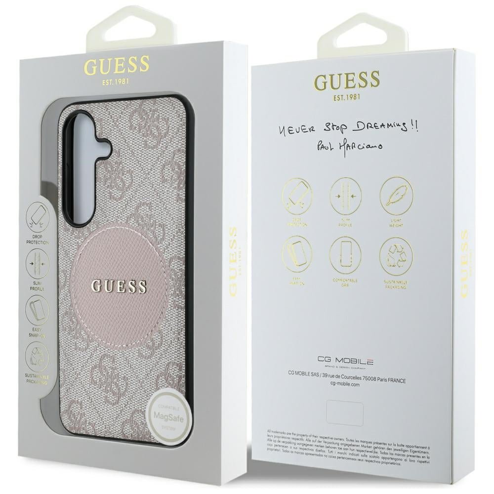 Guess Samsung Galaxy S25 - 4G Round Patch Classic Logo - Θήκη με Επένδυση Συνθετικού Δέρματος και MagSafe - Pink - GUHMS25SP4PGRSGP