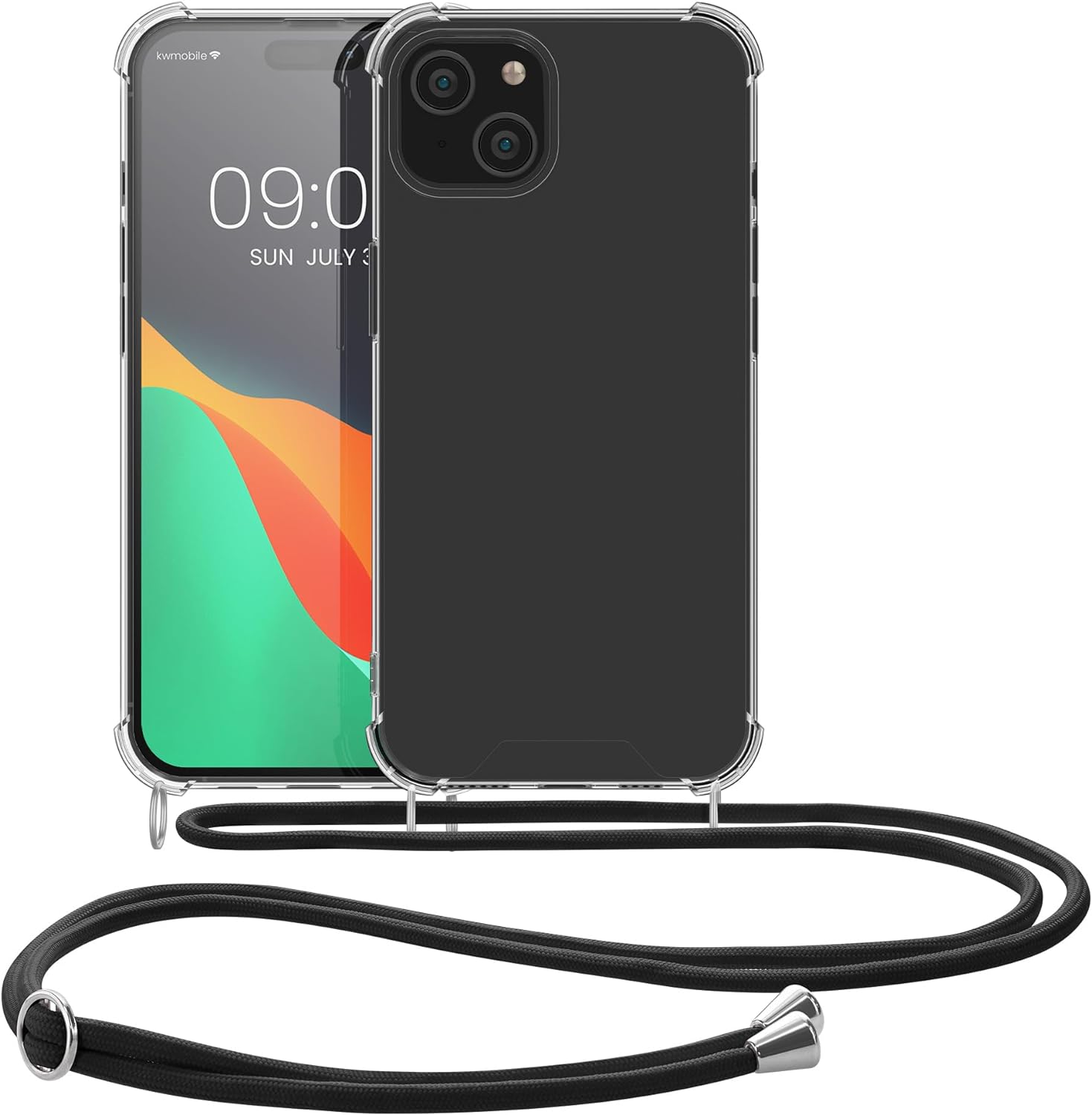 KW iPhone 15 Θήκη Σιλικόνης TPU με Λουράκι - Διάφανη / Black - 62033.01