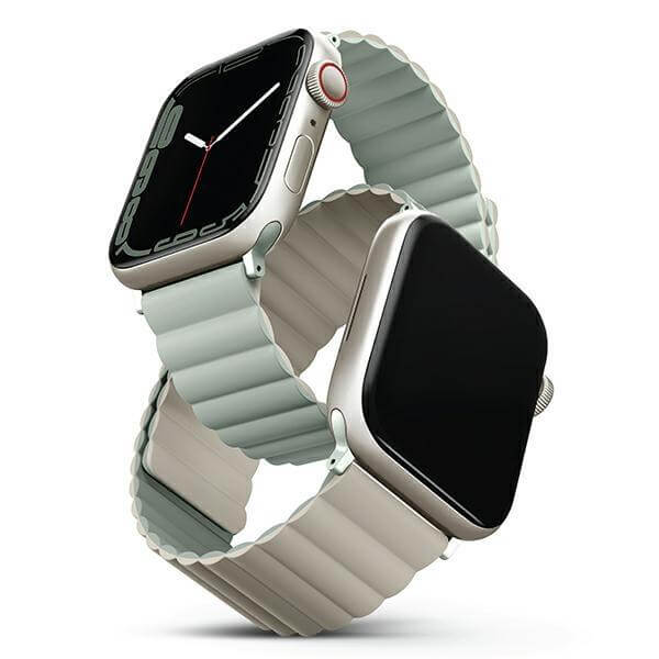 Uniq Λουράκι Apple Watch 2 / 3 / 4 / 5 / 6 / 7 / 8 / 9 / SE / ULTRA 1 / ULTRA 2 - 42 / 44 / 45 / 49 mm Revix Μαγνητικό Σιλικόνης Διπλής Όψης - Sage / Beige