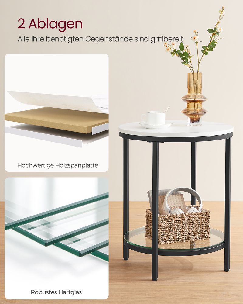 Vasagle Στρόγγυλο Βοηθητικό Τραπέζι 2 Επιπέδων - Marble White / Black - LET285B13