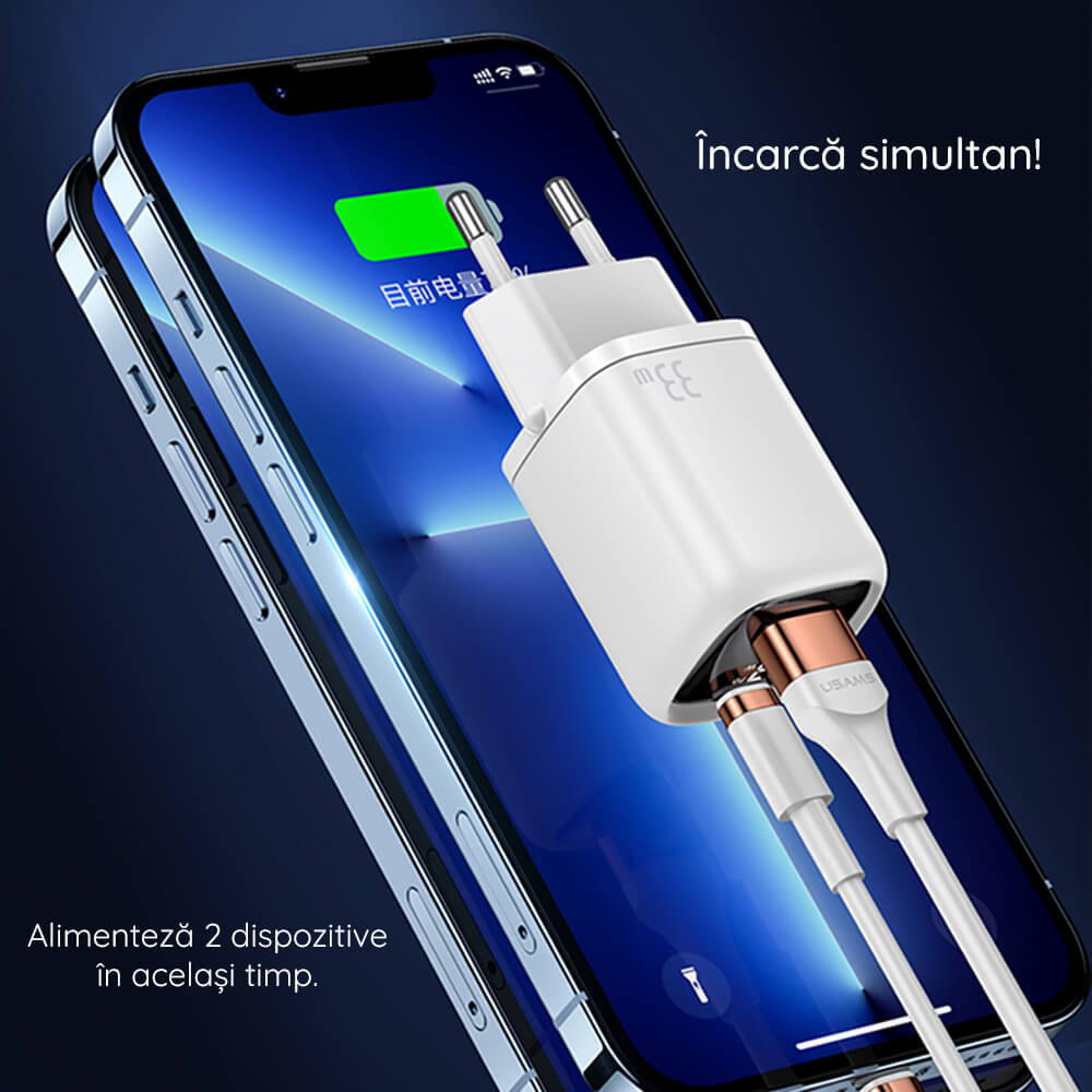 Usams Travel Charger Kit 33W Οικιακός Φορτιστής με 1 Θύρα Type - C και 1 Θύρα USB και καλώδιο Type - C to Lightning 20W - Black - UDTZ01