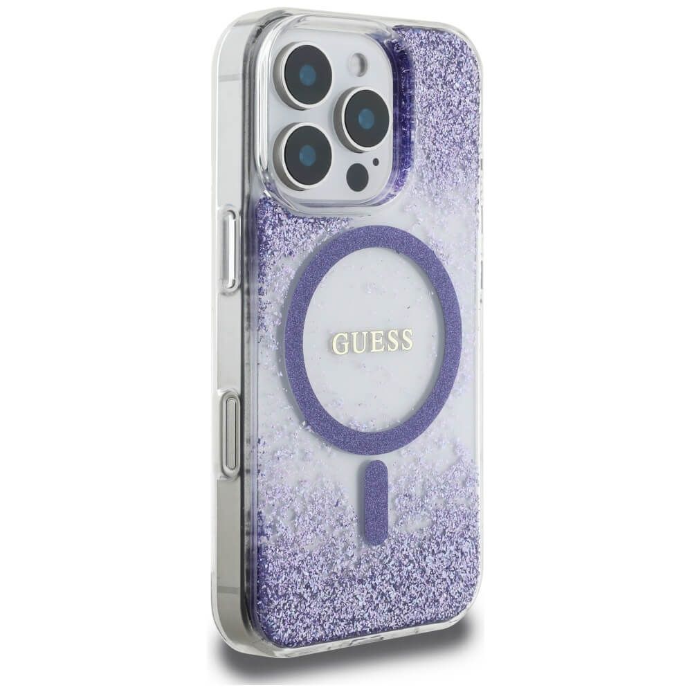 Guess iPhone 16 Pro - HC Resin Bottom Glitter - MagSafe Σκληρή Θήκη με Πλαίσιο Σιλικόνης - Purple - GUHMP16LRGRGEU