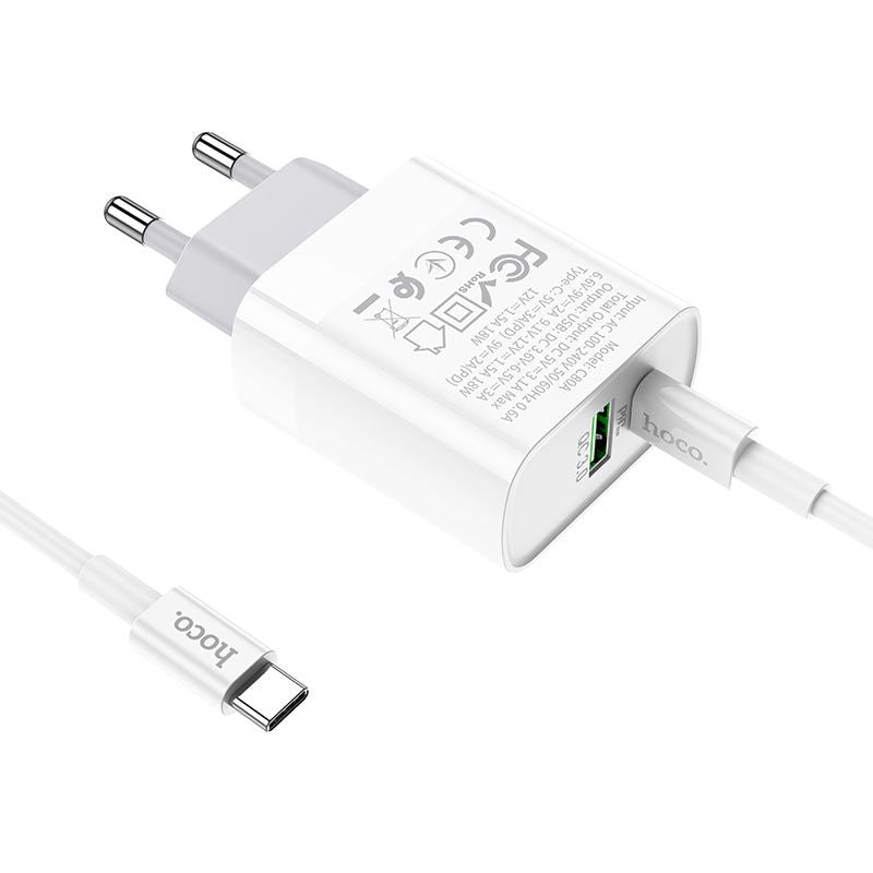 Hoco C80A QC 3.0 PD 20W Οικιακός Φορτιστής Γρήγορης Φόρτισης USB και Type - C με Καλώδιο Type - C to Type - C - White