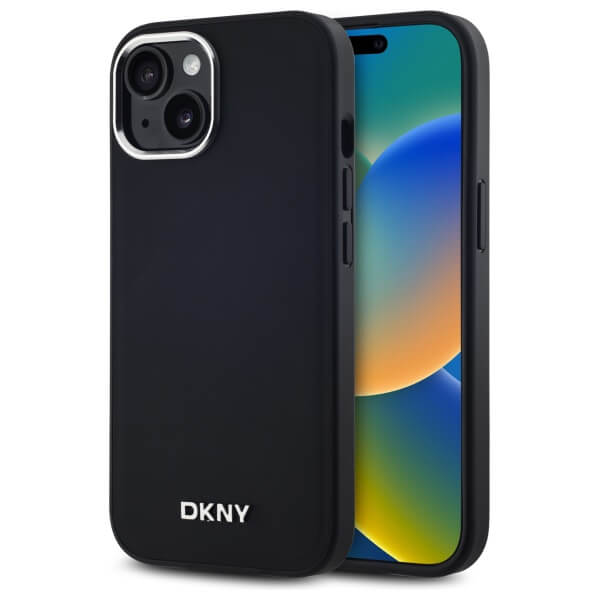 DKNY iPhone 15 Plus - Plain Logo MagSafe Σκληρή Θήκη με Επένδυση Συνθετικού Δέρματος - Black