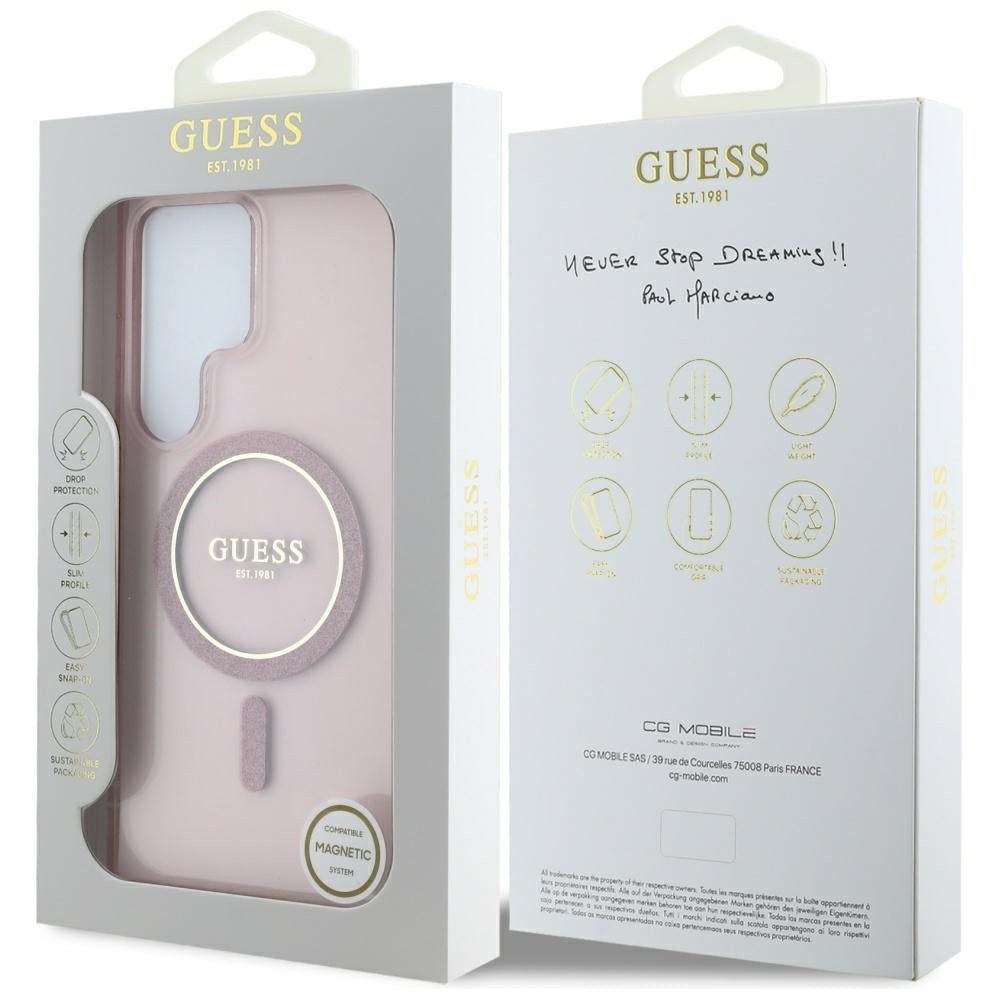 Guess Samsung Galaxy S25 Ultra - Glitter Circle Classic Logo - MagSafe Σκληρή Θήκη με Πλαίσιο Σιλικόνης - Pink - GUHMS25LHFGEREP