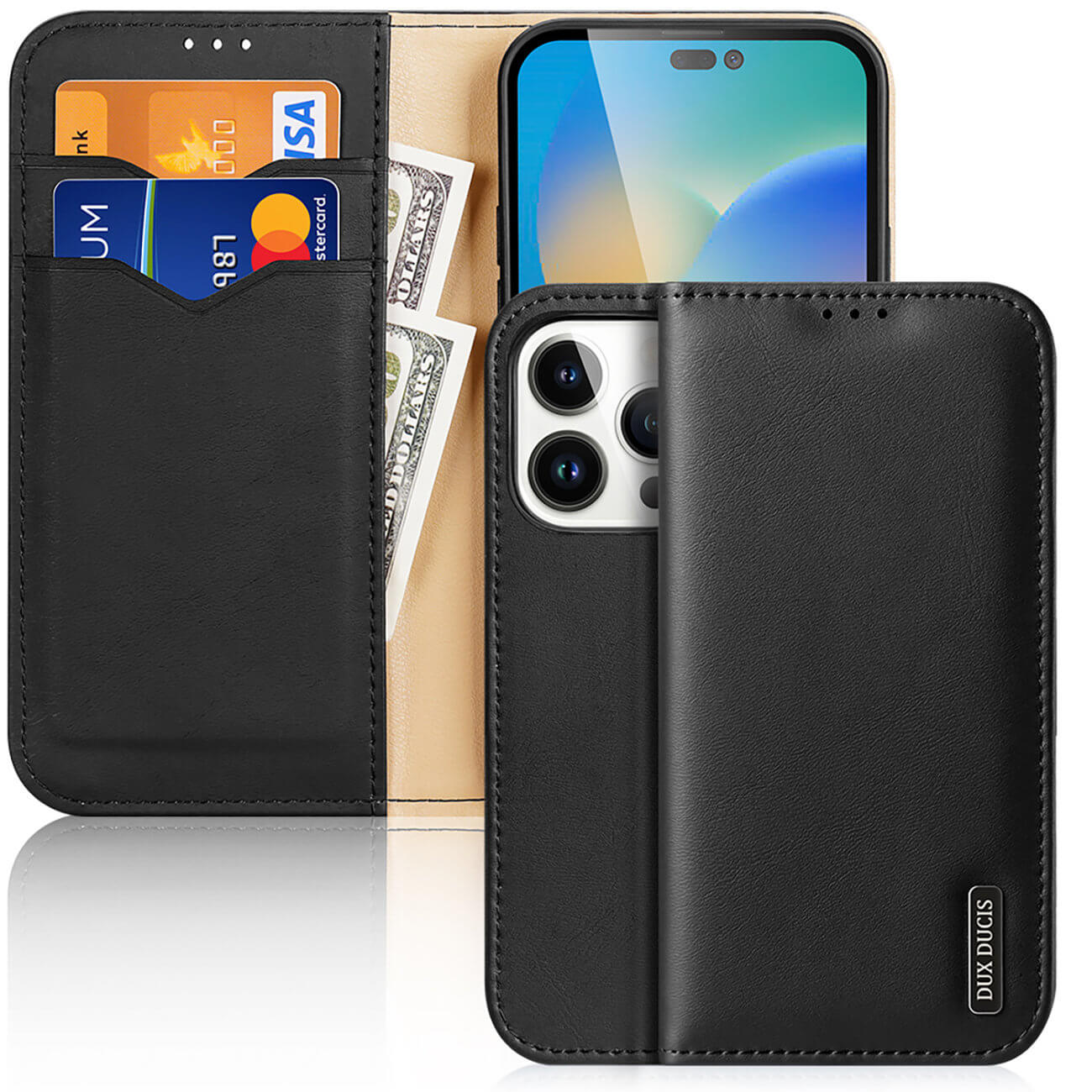 Dux Ducis iPhone 14 Pro Hivo Θήκη Πορτοφόλι Stand από Γνήσιο Δέρμα - Black