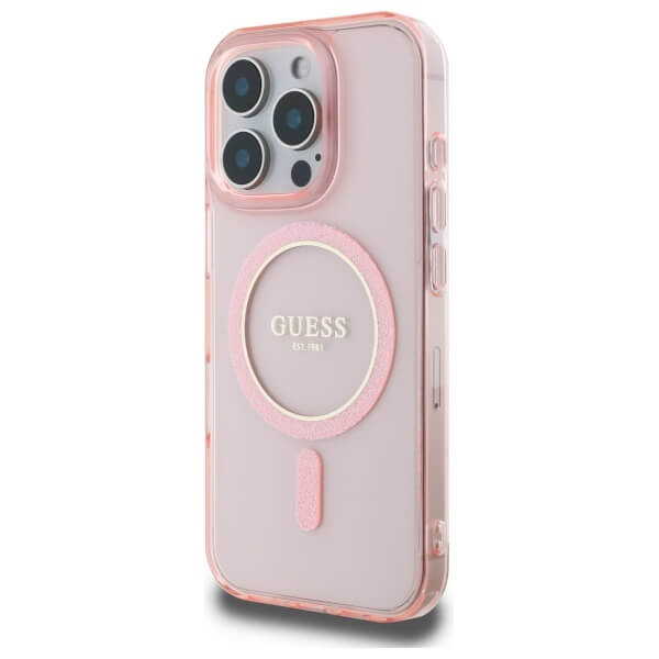 Guess iPhone 16 Pro - IML Glitter Circle MagSafe - Σκληρή Θήκη με Πλαίσιο Σιλικόνης - Pink - GUHMP16LHFGEREP