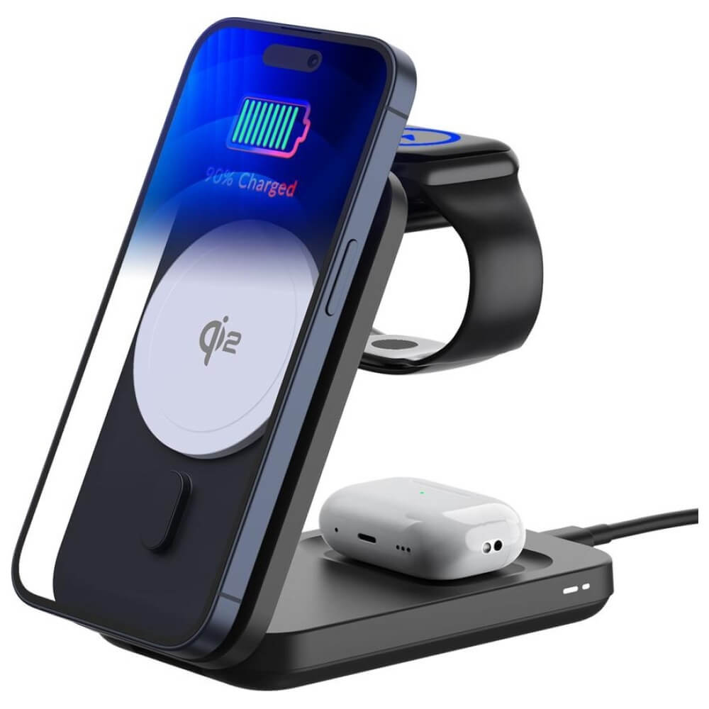 3MK 3in1 Ασύρματος Φορτιστής MagRocket Qi2 για Smartphones και Apple Watch και Airpods 15W - Black