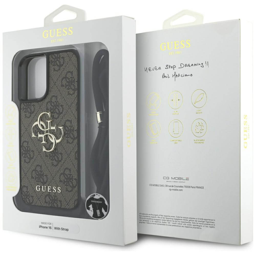 Guess iPhone 16 - 4G Big Logo Cord Stap Crossbody - Θήκη με Επένδυση Συνθετικού Δέρματος και Λουράκι - Brown - GUHCP16SP4GMGCRW