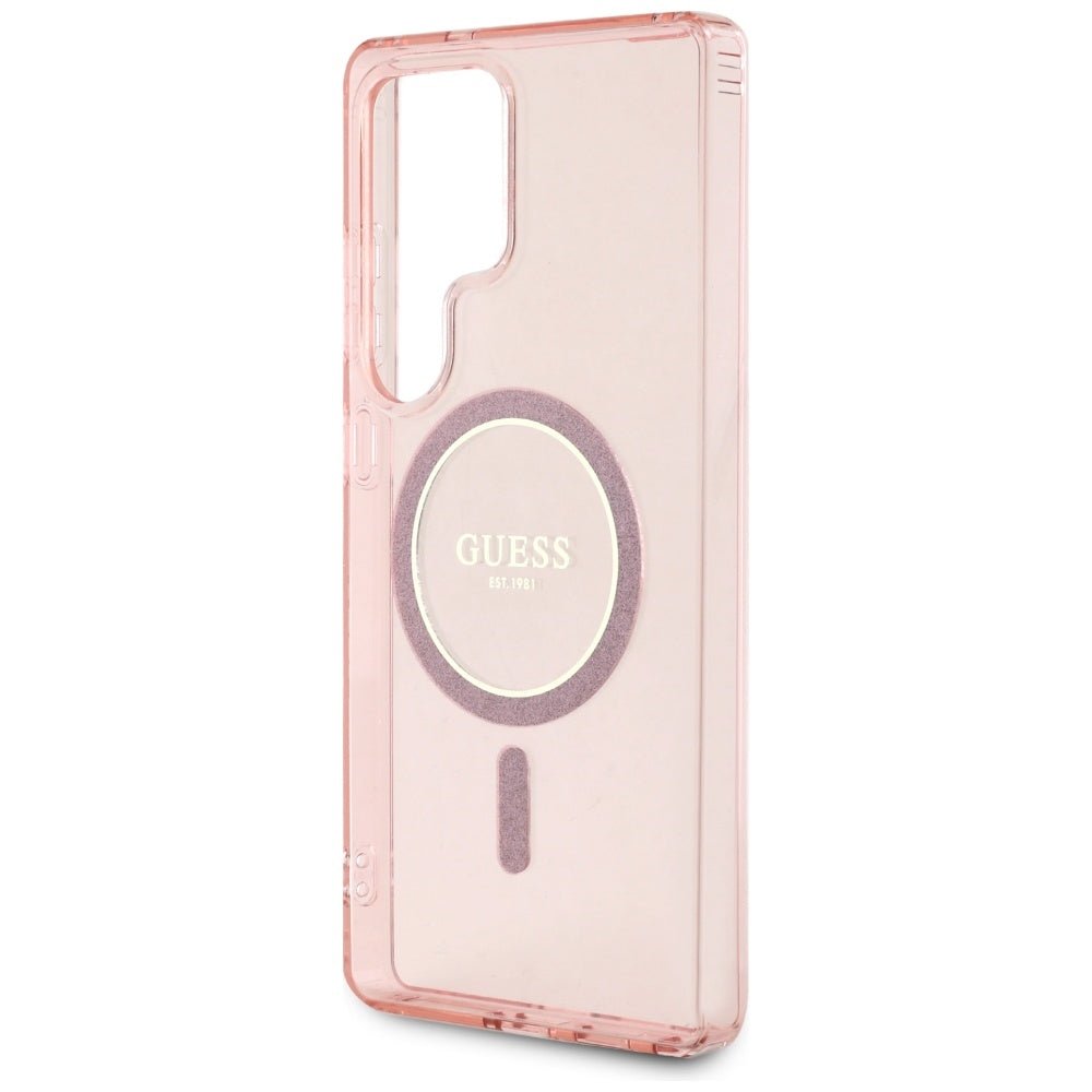 Guess Samsung Galaxy S25 Ultra - Glitter Circle Classic Logo - MagSafe Σκληρή Θήκη με Πλαίσιο Σιλικόνης - Pink - GUHMS25LHFGEREP